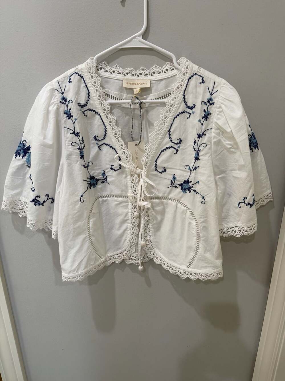 Jennifer & Grace Embroidered Tie-Front Crop Top with Pom Pom ties - Size M